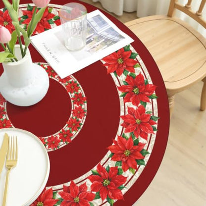 Christmas Round Fitted Tablecloth 43 Inch with Elastic Red Floral Design