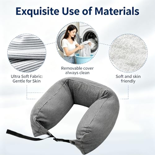 Travel Neck Pillow with Microbeads & Breathable Fabric - Blue Stripes