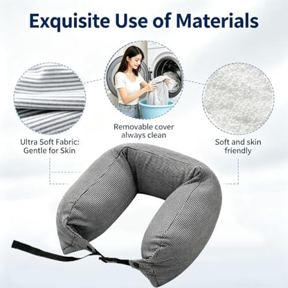 Travel Neck Pillow with Microbeads & Breathable Fabric - Blue Stripes