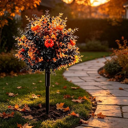 Halloween Solar Flower-Shaped Garden Stakes with Pumpkins & Eucalyptus Leaves