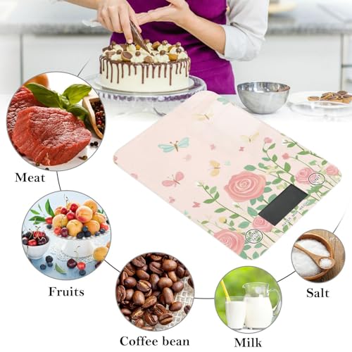 QwThum Food Scale Kitchen Digital Scale Food Ounces and Grams Dieting Baking Cooking Waterproof Glass Panels LCD Display,4 Units Scale Tare Function Pink Roses and Dragonfly Butterfly