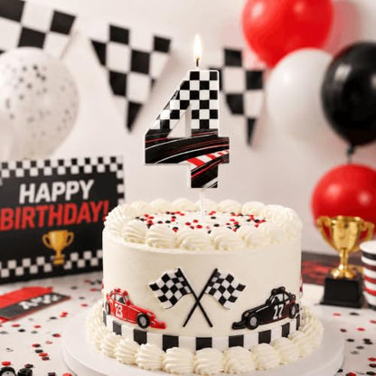 Black White Racing Car Themed Number 4 Birthday Candle - Cake Topper