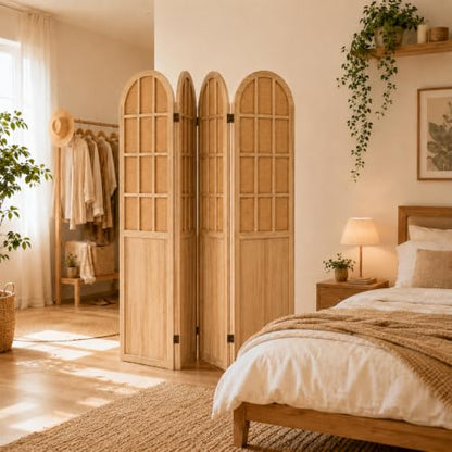 4 Panel Room Divider Privacy Screen - Bamboo Wood Light Brown (Variation: Lightbrown)