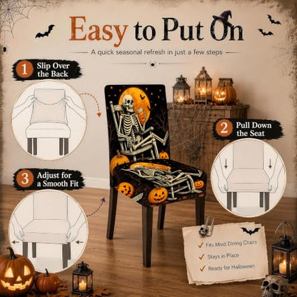 Set of 4 Halloween Skeleton Chair Covers - Stretch Milk Silk Fabric, Fall Decor