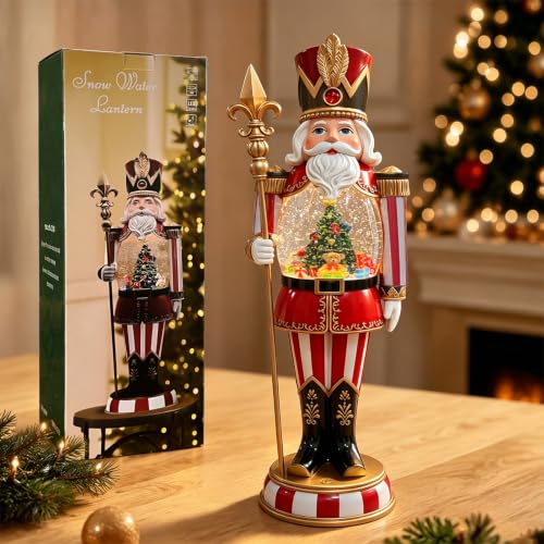 Eightown 19.2-Inch Nutcracker Snow Globe Lantern - Red & White, Lights Up