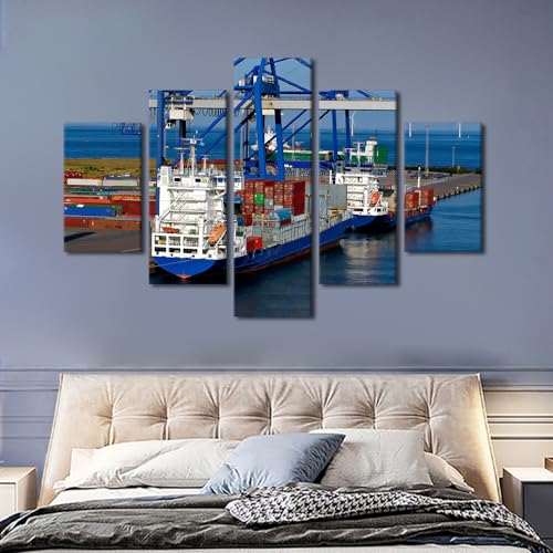 60x40 Inch Canvas Wall Art Container Ship and Crane - Ready to Hang, 5 Panels - Port Scene Artwork