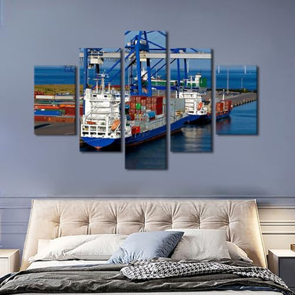60x40 Inch Canvas Wall Art Container Ship and Crane - Ready to Hang, 5 Panels - Port Scene Artwork