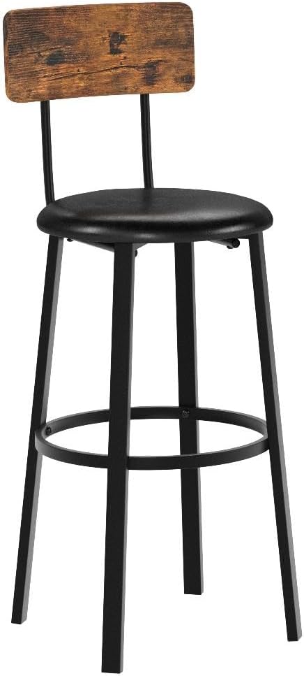 VASAGLE Bar Stools - Set of 2 PU Upholstered Breakfast Stools with Back & Footrest | Rustic Brown & Black, 29.7 Inches