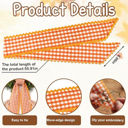 Orange White Plaid Wreath Sash for Front Door - Farmhouse Decor, 5x56 inches