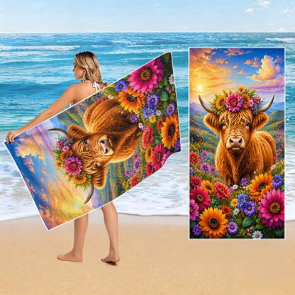 Highland Cow Pattern Beach Towel 36x72 Inch - Wildflower Variation