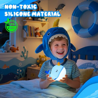 Ammonite Blue Narwhal Night Light - Style B Soft Silicone Nursery Lamp with Dimming & Timer
