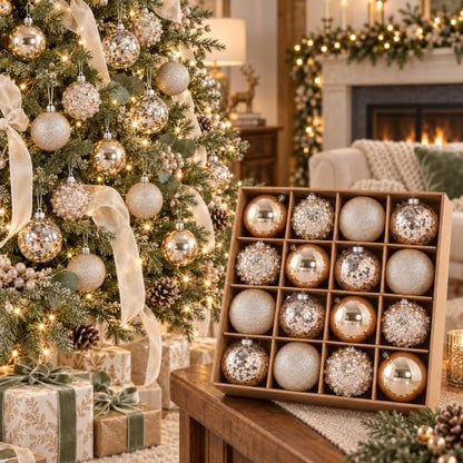 Champagne Rustic Christmas Ornaments Set 16PCS 2.4 Inch - Evernne