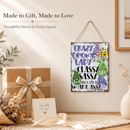 Funny Gnome Decor - Crazy Gnome Lady Sign, Rustic Wooden Wall Art - Style 01