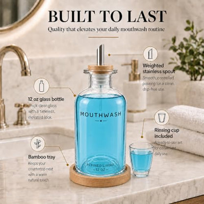 Refillable Glass Mouthwash Dispenser Set with Cup & Bamboo Tray - Clear