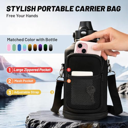 Premium 64oz Insulated Water Bottle Leak Proof with Carrier Bag - Black