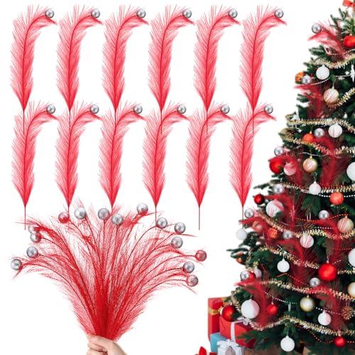 Red Christmas Tree Pick Ornaments Stems - 17 Inch Holiday Decor Set