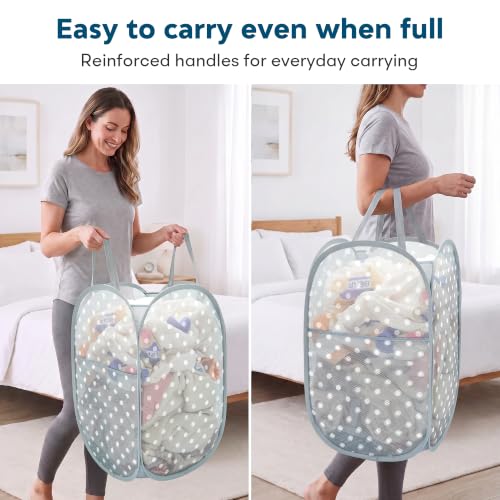 Gray Collapsible Mesh Laundry Basket 75L with Dot Print & Side Pocket