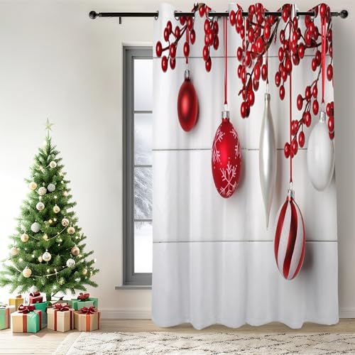 Red Berry Christmas Ornament Blackout Curtains 2 Panels 84"L x 42"W - Red & White Variation