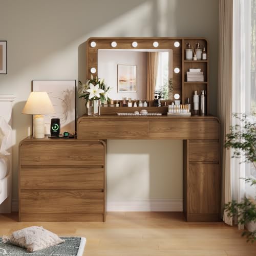 60-Inch Walnut Makeup Vanity Desk with Mirror, 9-LED Lights, 6 Drawers & Cabinet