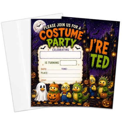 Duck Costume Halloween Birthday Party Invitations - Cartoon Haunted Variation