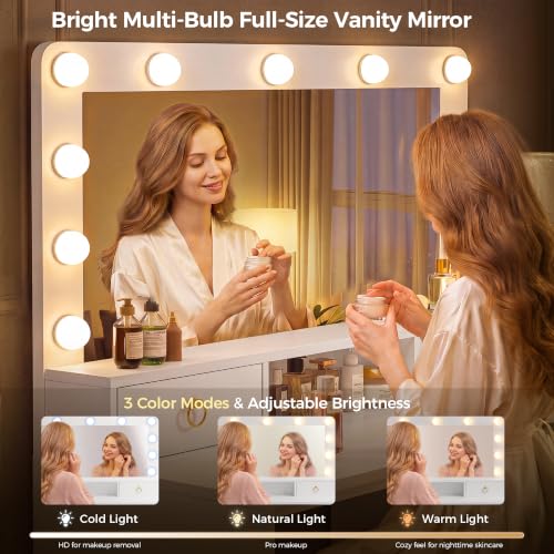 COMHOMA 32in Vanity Desk with Mirror & Lights - White & Gold with Divided Drawers, Open Shelf, 32in Cloud Gold Variation