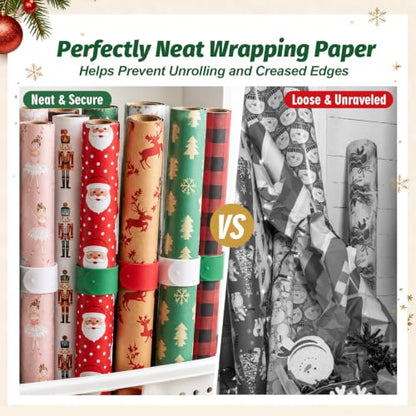 12-Pack Wrapping Paper Roll Holders Silicone Bands Holiday Organizer