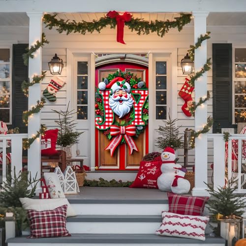 JOY Santa Face Door Cover with Gingham Letters - Red Christmas Decoration - Variation 01
