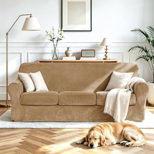 Luxury Velvet Sofa Cover for 3-Seater Couch - Camel, Heavyweight & Tailored Fit