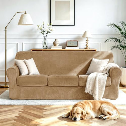 Luxury Velvet Sofa Cover for 3-Seater Couch - Camel, Heavyweight & Tailored Fit