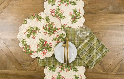 Holly Cream Berries 100% Cotton Quilted Christmas Table Runner 14x51 - Cream Variation