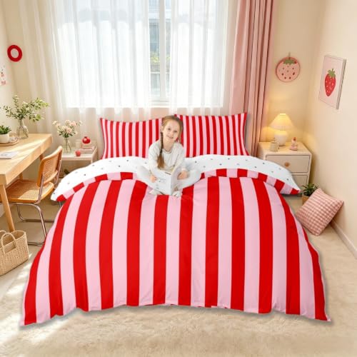 Manfei Red Pink Stripes Kids Duvet Cover Set Queen Size - Abstract Geometric Bedding