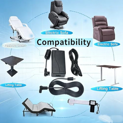 29V 2A Recliner Power Supply Kit with AC Cord & Splitter for Dual Motor Lift Chairs