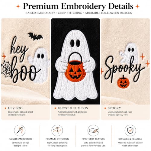 Halloween Hand Towels Set of 3 - Embroidered Ghost Pumpkin Spooky Decor 14x30
