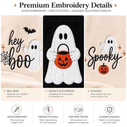 Halloween Hand Towels Set of 3 - Embroidered Ghost Pumpkin Spooky Decor 14x30
