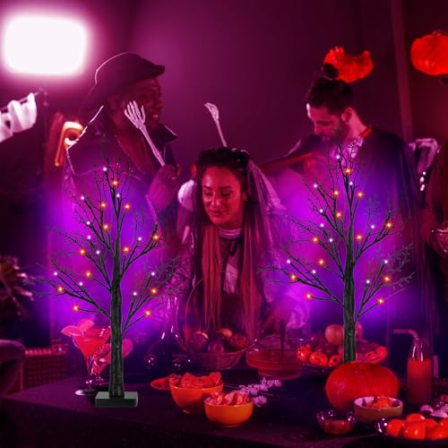 Indoor Halloween Decor 2 Pack Black 24-Inch Tree with Orange & Purple LED Lights - Timer & USB/Battery Operated, Spooky Tabletop Decorations Variation of Orange Purple