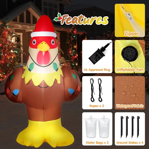 Christmas Inflatable Chicken Decoration 5.3FT with Lights - Farm Animal Yard Decor - Variation: Chicken