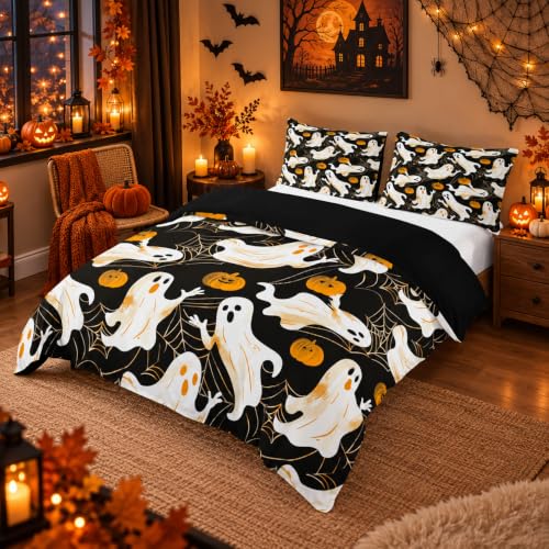Halloween Ghost Duvet Cover Set Queen Size Black Orange Pumpkin Bedding