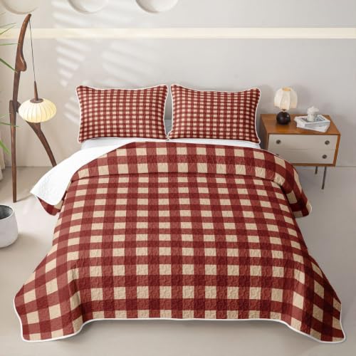 Manfei Gingham Red Twin Quilt Set with Pillow Sham - Microfiber Lightweight Farmhouse Bedding