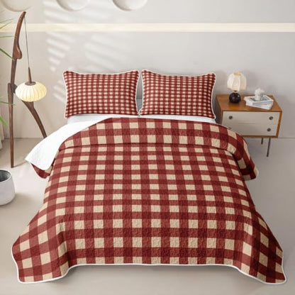 Manfei Gingham Red Twin Quilt Set with Pillow Sham - Microfiber Lightweight Farmhouse Bedding