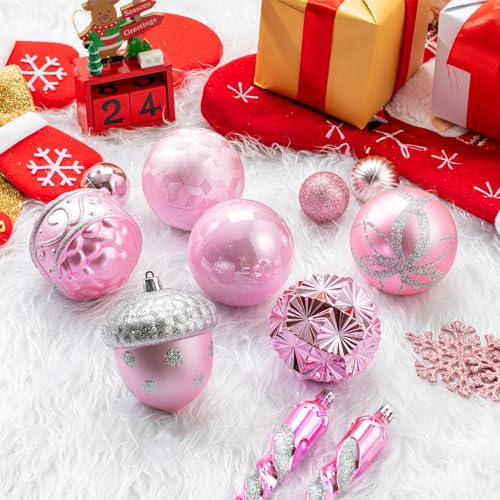 Pink Christmas Ornaments Set - 62 Shatterproof Plastic Baubles for Tree Decor