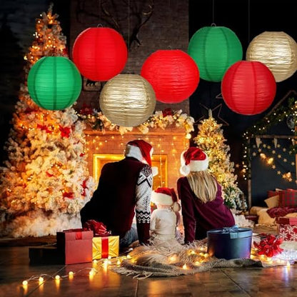 Christmas Red, Green & Gold Paper Lanterns Set of 12 Decorative Hanging Decorations
