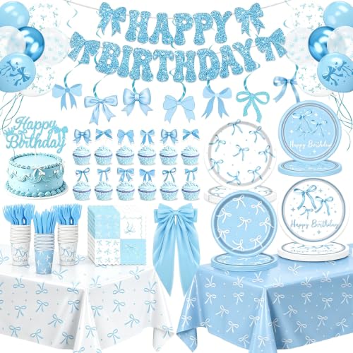 Blue Bow Birthday Decorations Set - Party Supplies for Girl's Party