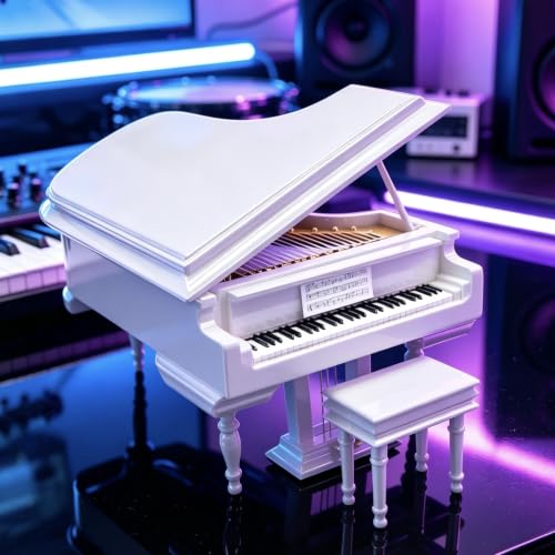 White Piano Music Box with Bench & Black Case - Melody for Elise Gift