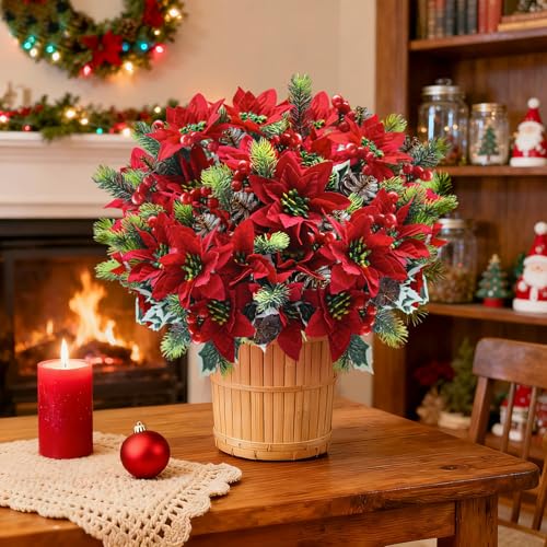 Artificial Christmas Poinsettia Flowers with Red Berries - Red & Green, 12 Pcs