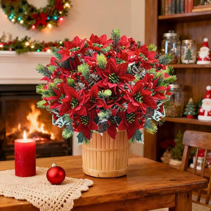 Artificial Christmas Poinsettia Flowers with Red Berries - Red & Green, 12 Pcs