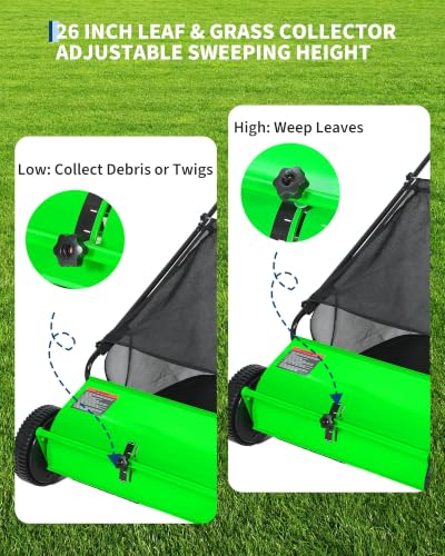 Push Lawn Sweeper 26-Inch Green with 7 Cu.Ft Hopper & Adjustable Brush