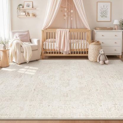 Beige 5' x 7' Washable Rug - Boho Vintage Non-Slip Indoor Carpet for Living Room