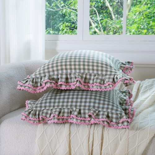 Green White Gingham Pillow Sham Set with Ruffle and Ric-Rac Trim - 24x24 Inch