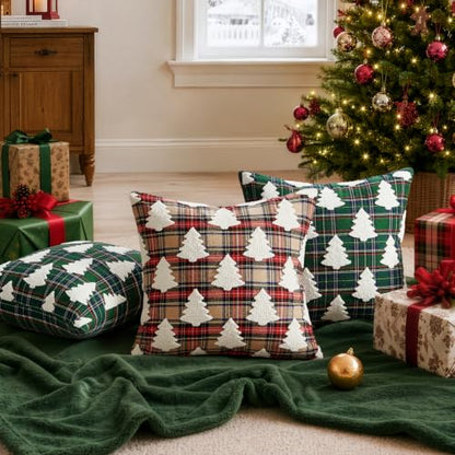 Christmas Pillow Covers 20x20 Set of 2 Khaki Plaid Tuffed Holiday Decor