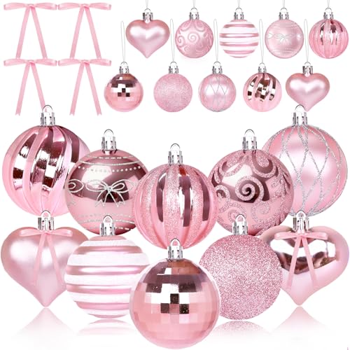 Pink Christmas Tree Ornaments Set with Glittering Balls and Bows - 20 Pieces